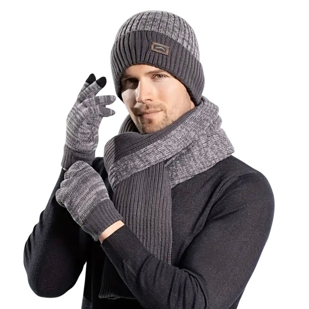 Unisex Winter Cozy GRAY 3pc Set Long Scarf Touchscreen Gloves Beanie Hat Cap‎